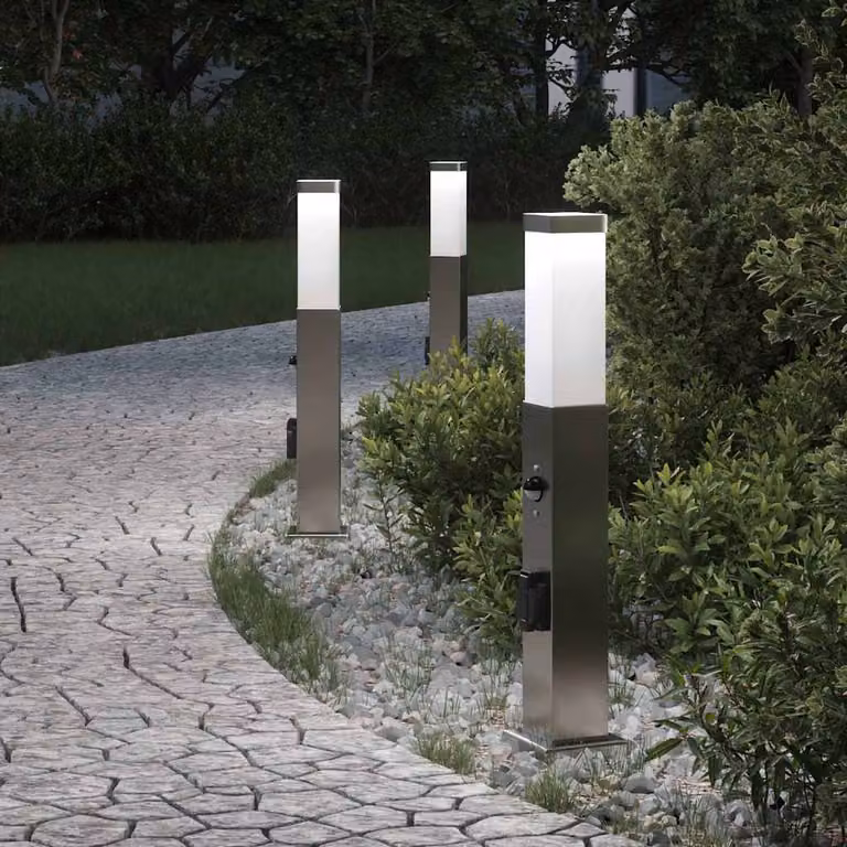 Set di 3 lampioni a dissuasore vidaXL in acciaio inox color argento con sensore di movimento e protezione IP44, Altezza: 50 cm