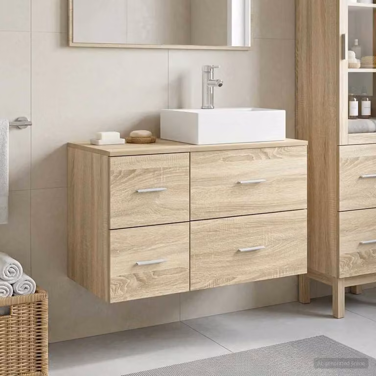 Set di mobili da bagno moderni vidaXL composto da mobile sottolavabo e pensile in legno color rovere, L/P/H: 79,5 x 41,0 x 49,5 cm e 49,5 x 34,9 x 41,0 cm