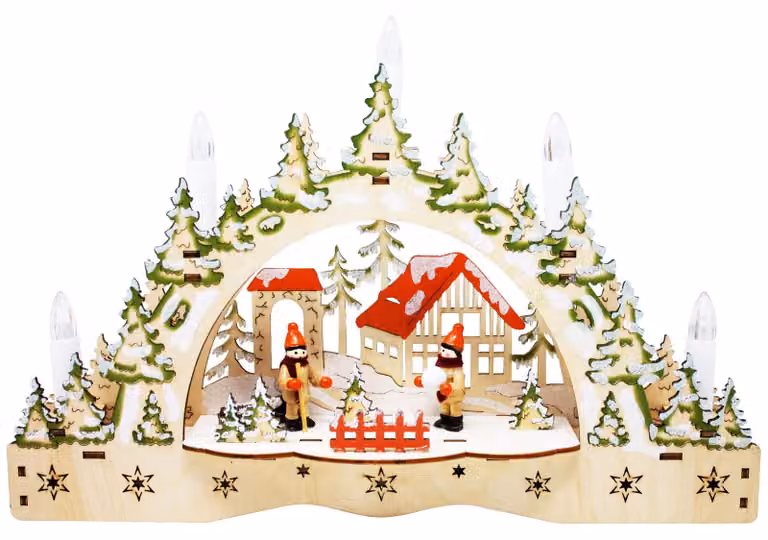 Lampada a forma di arco con 5 candele a LED, realizzata in legno, con motivo a fiocchi di neve, dimensioni 35x25 cm