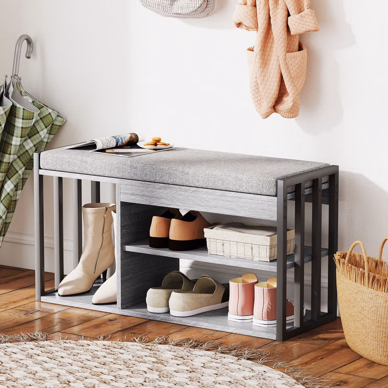 Scaffale per scarpe HOMCOM con panca a 3 livelli, mobile porta scarpe moderno per ingresso, corridoio o camera da letto, Grigio – 2