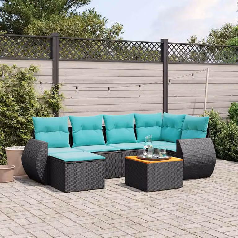 Set di divani da giardino vidaXL in polyrattan nero con cuscini blu e turchese e struttura in legno di acacia oliato