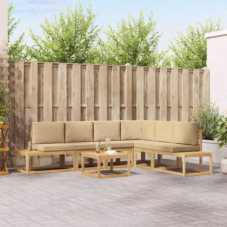 Set di divani da esterno vidaXL a forma di L composto da 5 pezzi con tavolino da caffè, in legno di acacia e tessuto resistente ai raggi UV, colori bianco, beige e marrone