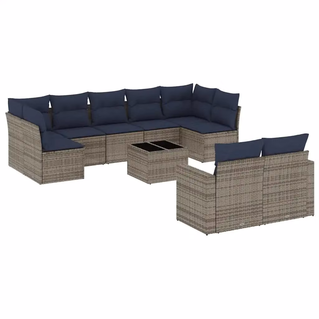 Set di divani da giardino vidaXL a forma di L composto da 10 pezzi in polyrattan con cuscini grigi e blu e tavolino da esterno – 2