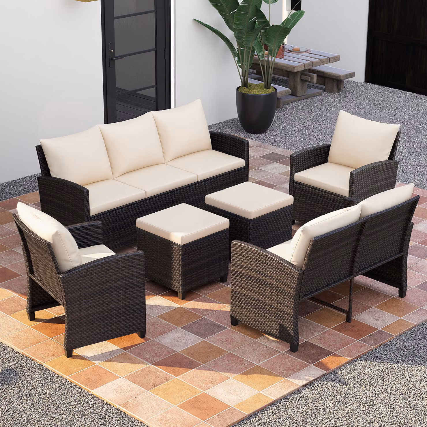 Set salotto da esterno Outsunny in rattan e metallo con divano a 3 posti, divano a 2 posti, 2 poltrone e 2 poggiapiedi, colore beige