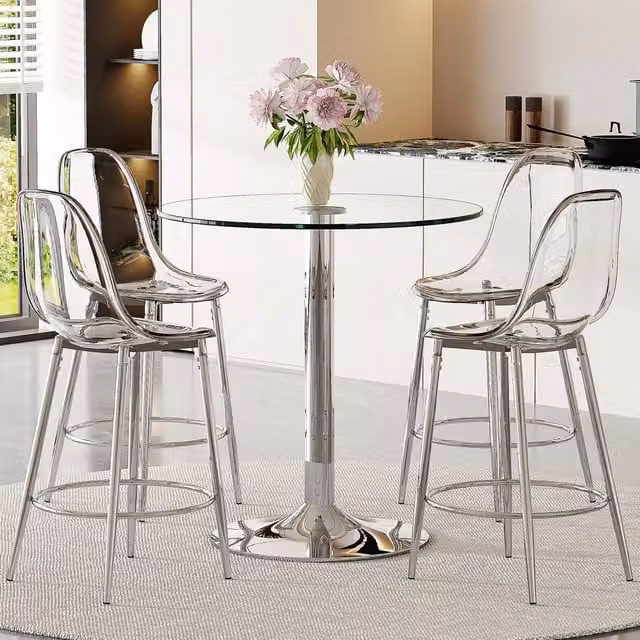 Tavolo da pranzo rotondo in vetro con 4 sgabelli trasparenti, base in metallo, per cucina e bar, Ø 89 cm