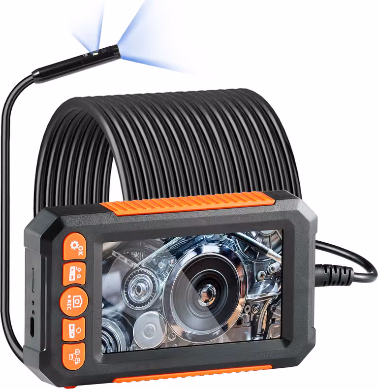 SucceBuy telecamera endoscopica con luce, endoscopio a doppia lente con cavo semirigido da 49,2 piedi, telecamera di ispezione 1080P con schermo da 4,3 pollici. Con 8 + 1 luci a LED, zoom 4x e grado di impermeabilità IP67