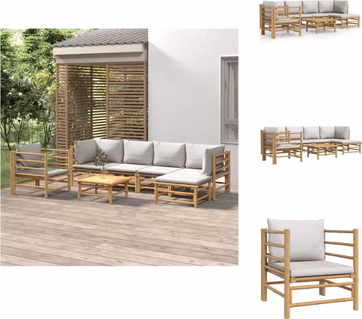 vidaXL Set di 7 pezzi per salotto da giardino con cuscini in bambù grigio chiaro - Set di mobili da giardino