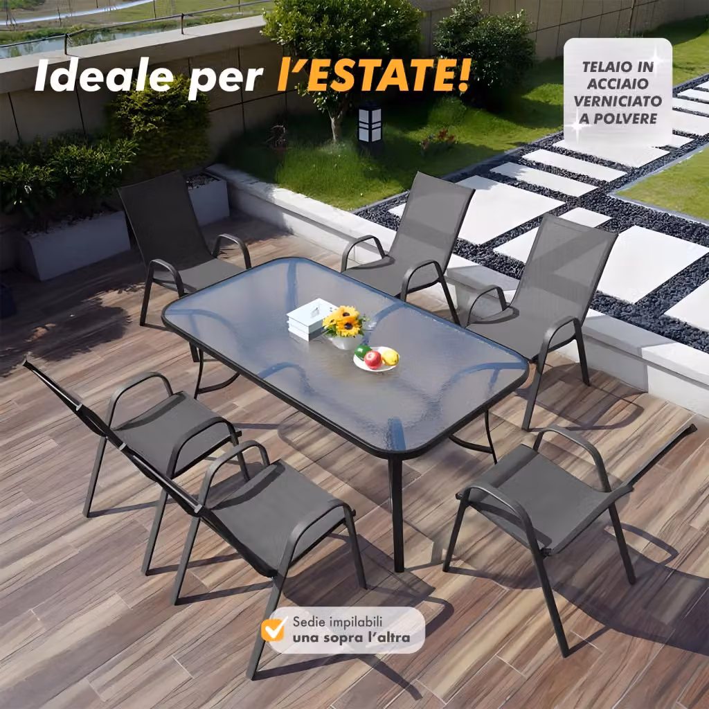 Set da giardino Il Gruppone composto da tavolo rettangolare con piano in vetro e 6 sedie impilabili con schienale alto, colore grigio e nero – 2
