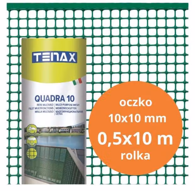 Rete in PVC, modello QUADRA 10, colore verde, dimensioni 0,5 metri x 10 metri, maglia da 10 mm - 10,0 metri - S-B 01175Z