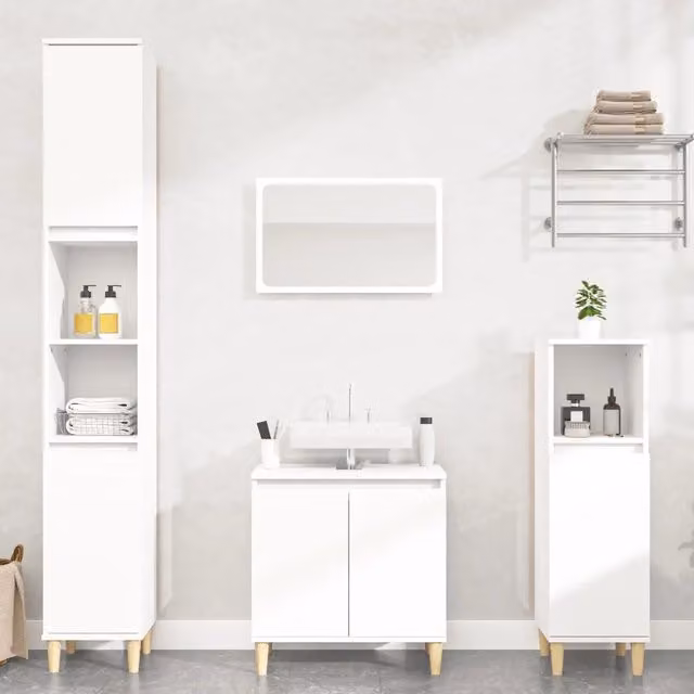 Set di mobili da bagno vidaXL in legno multistrato bianco composto da 3 pezzi con mobile lavabo e colonna alta