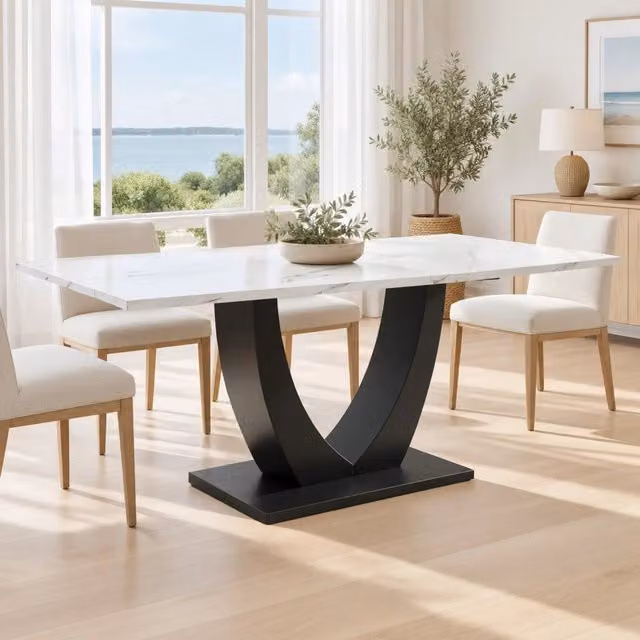 Tavolo da pranzo rettangolare moderno Mivray in MDF e metallo con effetto marmo astratto, bianco e nero, L: 140 cm, P: 75 cm, H: 75.5 cm