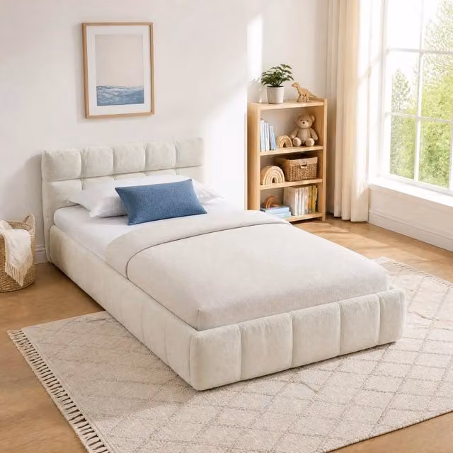 Letto singolo Mivray rivestito in ciniglia beige con struttura in legno e metallo, L/P/H: 90 x 200 cm