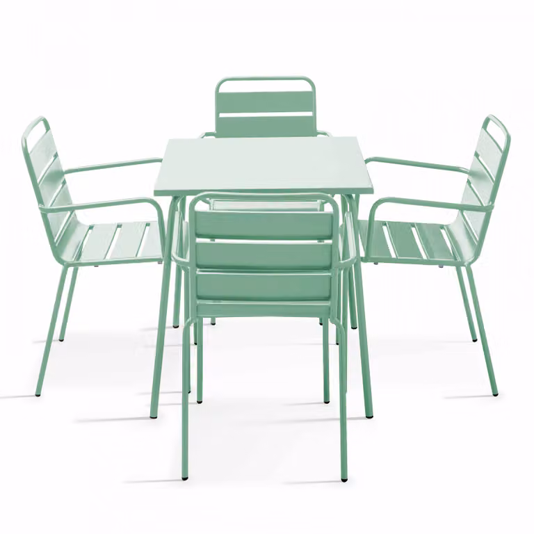 Tavolo da giardino quadrato e 4 sedie in acciaio verde salvia - Oviala Palavas