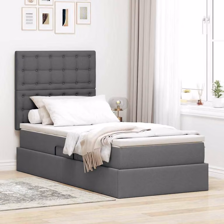 vidaXL Letto con contenitore e materasso moderno in tessuto Grigio scuro L/P/H: 90 x 190 x 128 cm
