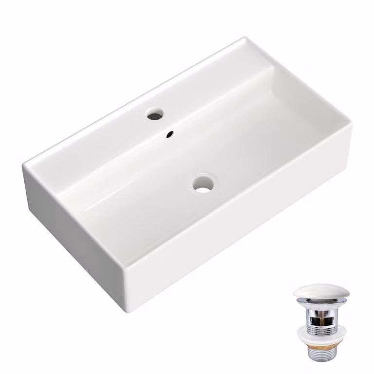 Lavabo HOROW, 55 x 31 cm, con sistema di scarico a tappo automatico in Vetroceramica, bordo sottile, forma rettangolare, lavabo sospeso per bagno, lavabo da appoggio con foro per rubinetto e troppofilo