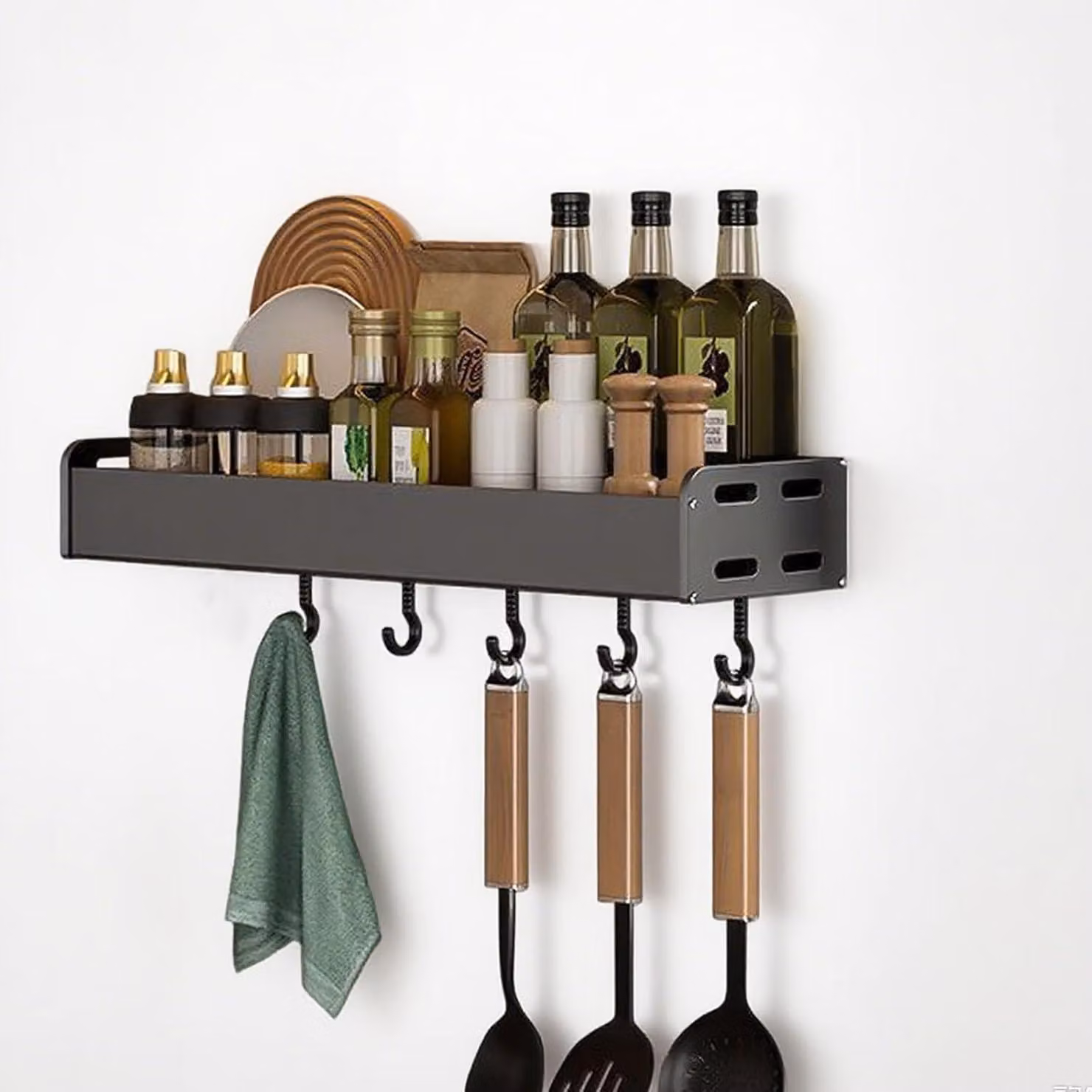 Ripiano da cucina da montare a parete senza fori, 50 cm, con ganci, ideale per erbe aromatiche e coltelli
