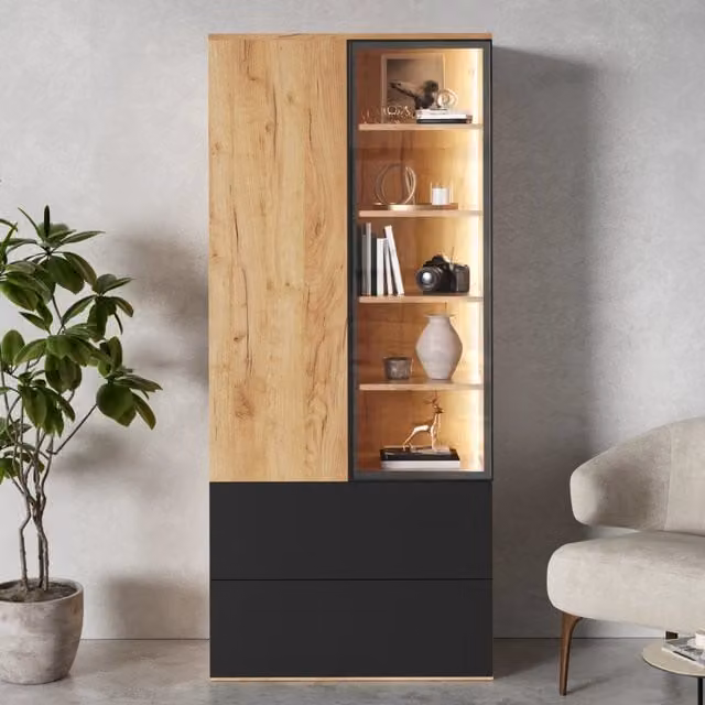 Cristalliera con LED ante in vetro e legno 2 cassetti 6 ripiani regolabili nero naturale 70 × 35 × 160 cm