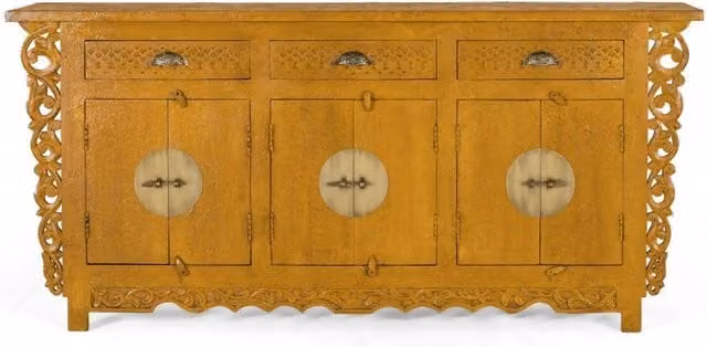 Credenza in legno di mango stile etnico per sala da pranzo, colori giallo e marrone, finitura opaca