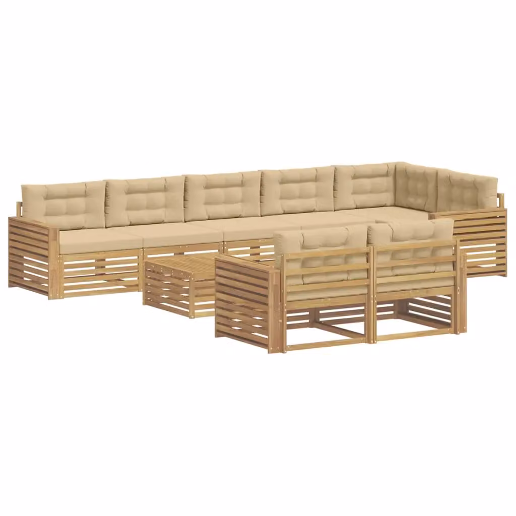 Set di divani da esterno a L vidaXL in legno di acacia con tavolino e cuscini, Bianco e Beige – 2