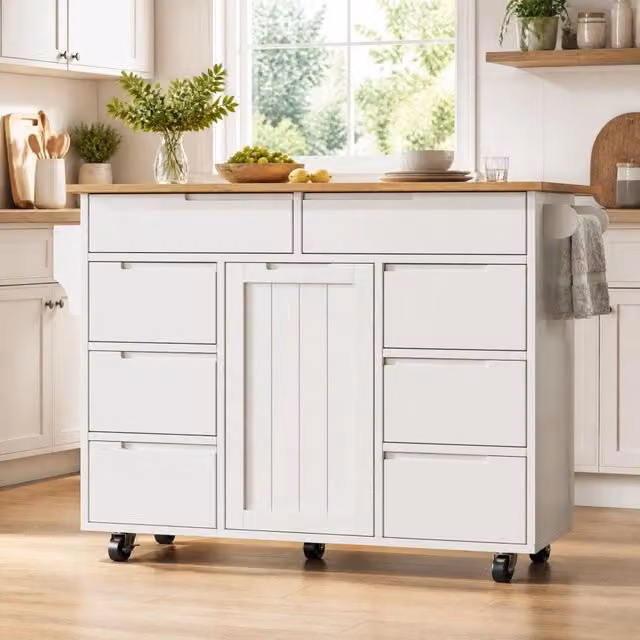 Isola Cucina Moderna con Ruote, Piano Estendibile, 8 Cassetti e Portaspezie, MDF Bianco, 122x46x91,5 cm