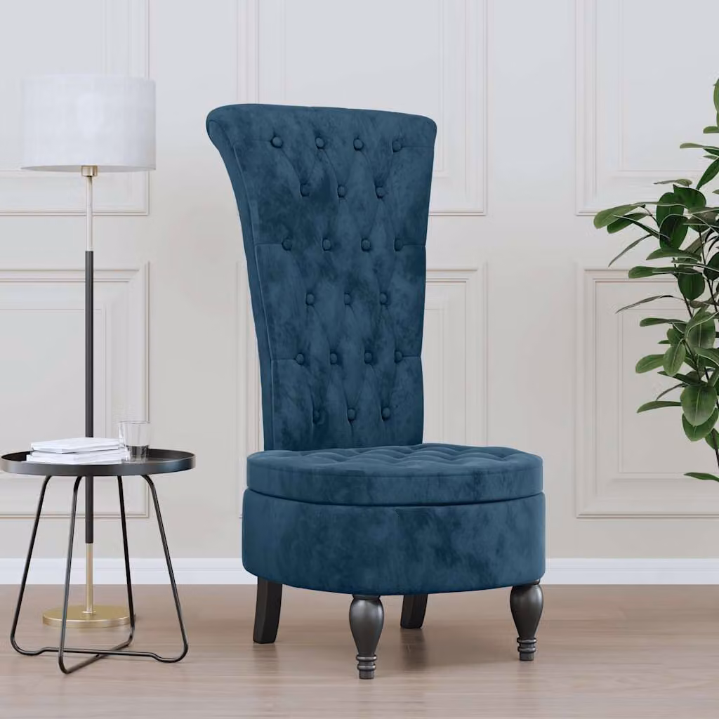 Sedia con Schienale Alto in Velluto Blu vidaXL con Design con Bottoni e Gambe in Legno di Gomma, H 110 x L 39 x P 72,5 cm