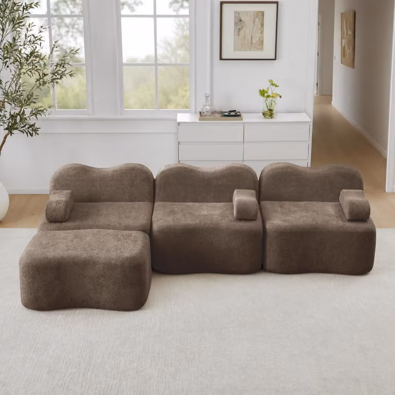 Divano angolare a tre posti, modello "Boneless", con poggiapiedi, imbottitura in schiuma 32D, design a onde, cuscini per braccioli removibili (marrone)