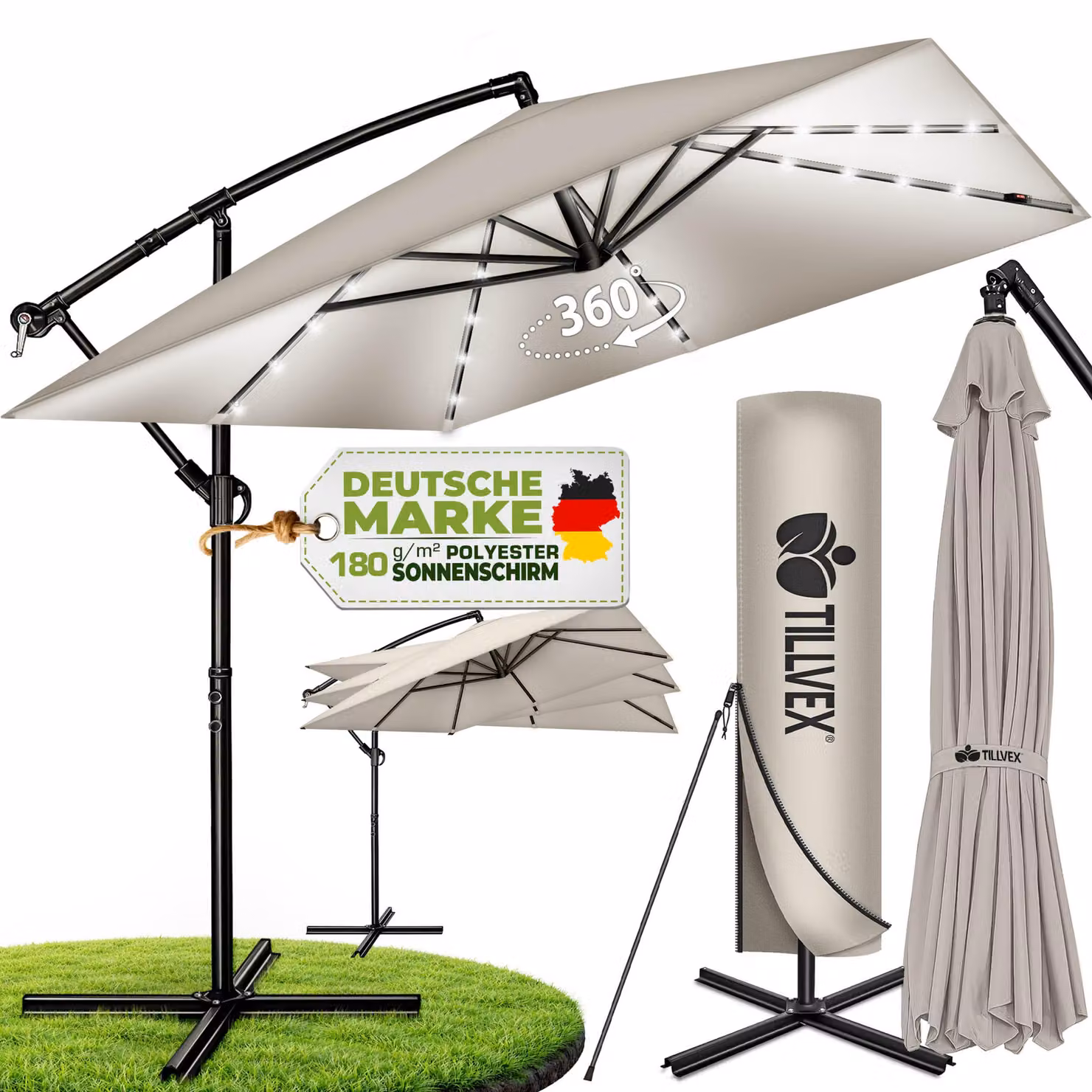 tillvex® Parasole rettangolare in alluminio, diametro 330 cm, con luci LED solari, colore blu navy + copertina con manovella | Parasole a gondola con supporto | Parasole da giardino con protezione UV, impermeabile, rotazione a 360° | Parasole con manovell