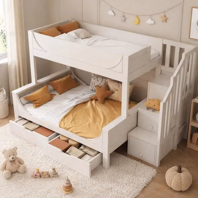Letto a castello Mivray per bambini con scala armadio e cassetti, colore bianco, L/P/H: 200 x 90 x 150 cm