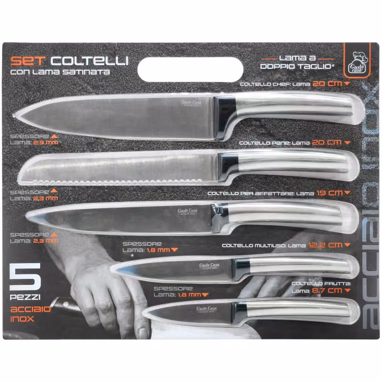 Set di 5 coltelli da cucina GUSTO CASA in acciaio inox con lama satinata color argento