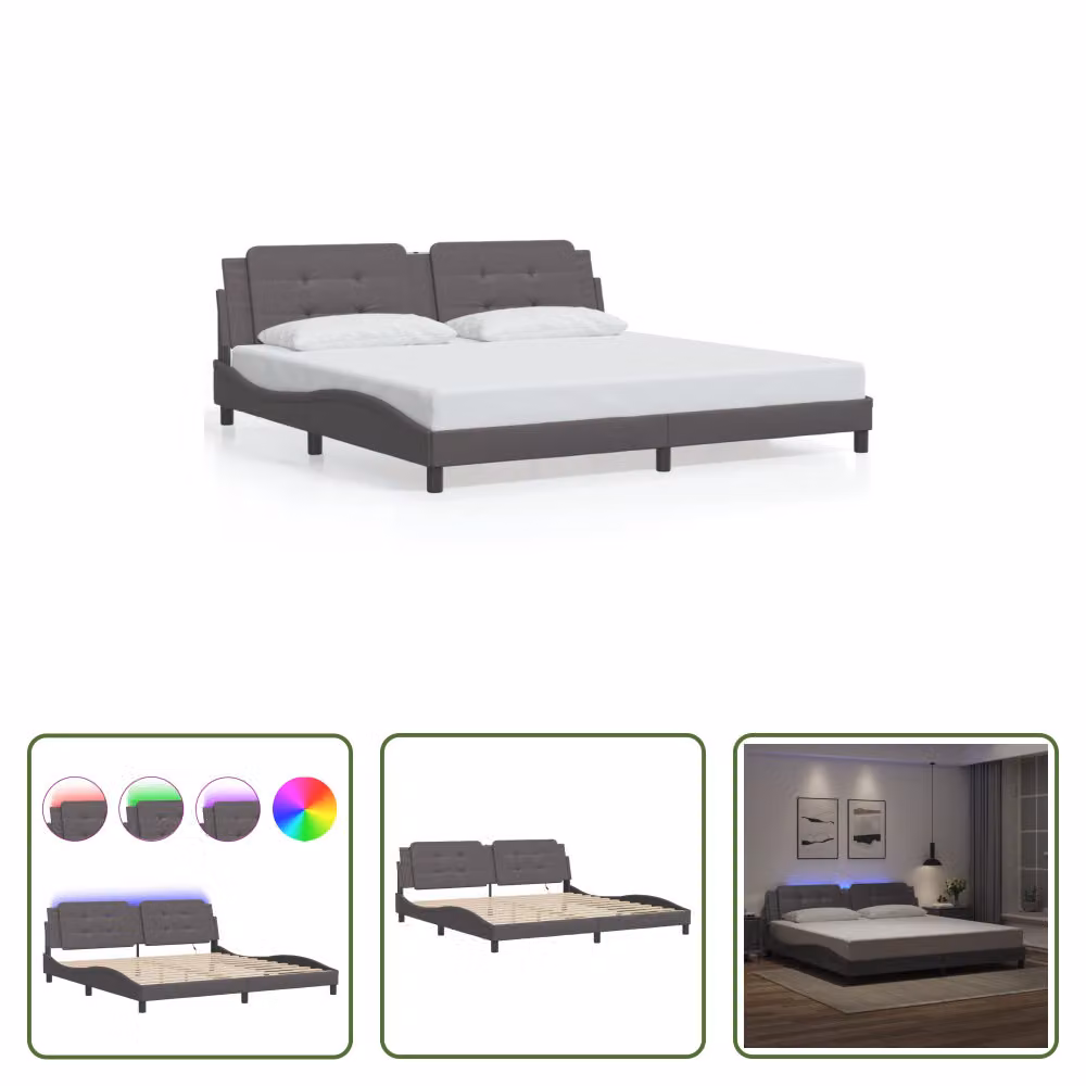 The Living Store Struttura letto con LED grigio 200x200 cm in ecopelle