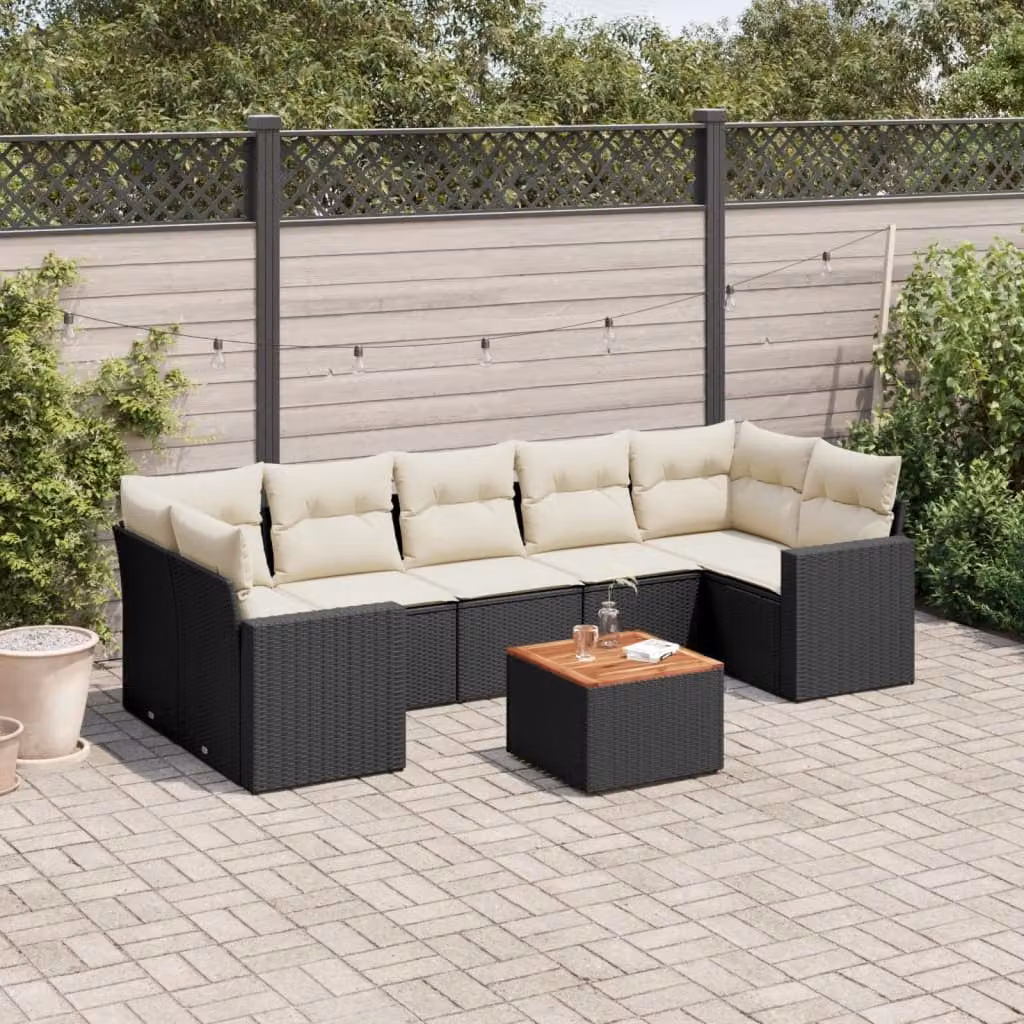 Set di divani da giardino vidaXL in polyrattan con cuscini nero, composto da 8 pezzi con tavolino da caffè, poltrone e elementi angolari – 1
