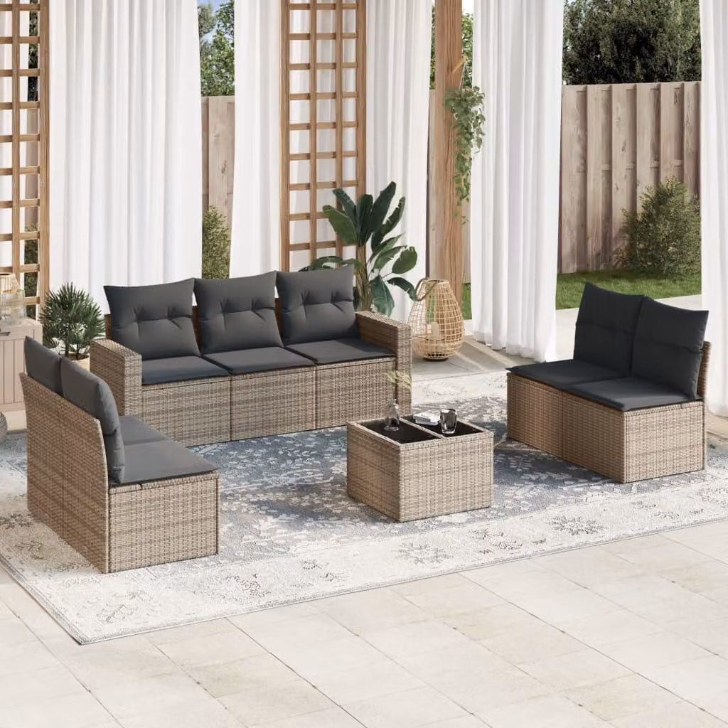 vidaXL Set Divano da Giardino 8 pz in Polyrattan Grigio con Cuscini e Tavolino – 1