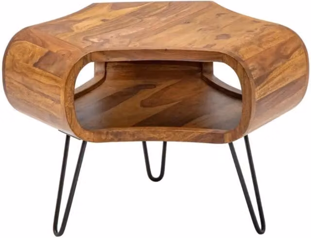 Tavolino basso NERA 70 cm in legno massiccio di Sheesham con nicchia e piedi in metallo nero - stile retro industriale