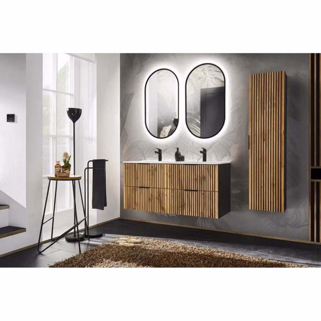 Set KINOKO Meublorama: mobile sottolavabo bianco con doppio lavabo incassato, 2 specchi ovali con illuminazione LED e colonna per bagno moderno – 2