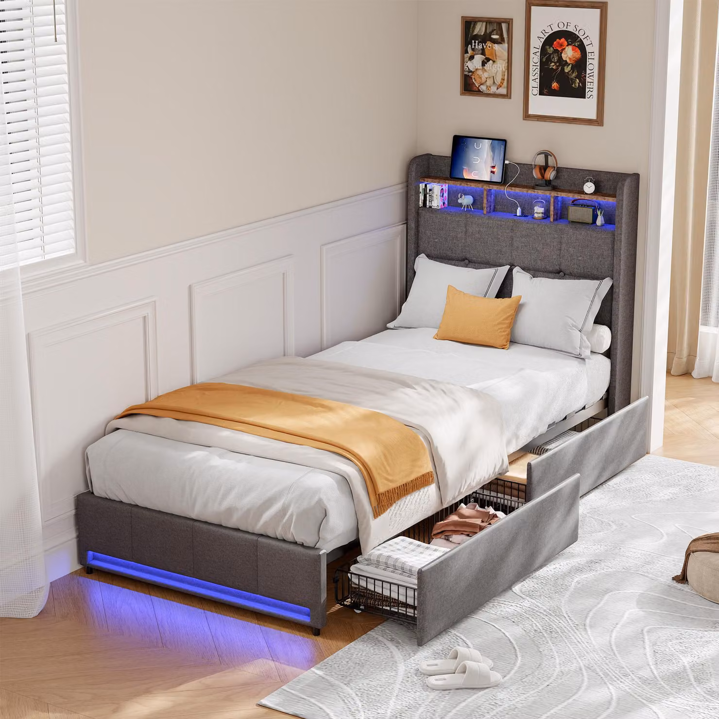 Letto imbottito Fortuna Lai 90x200cm con USB, letto per ragazzi letto singolo con rete a doghe e 2 cassetti, letto contenitore con LED, lino, grigio