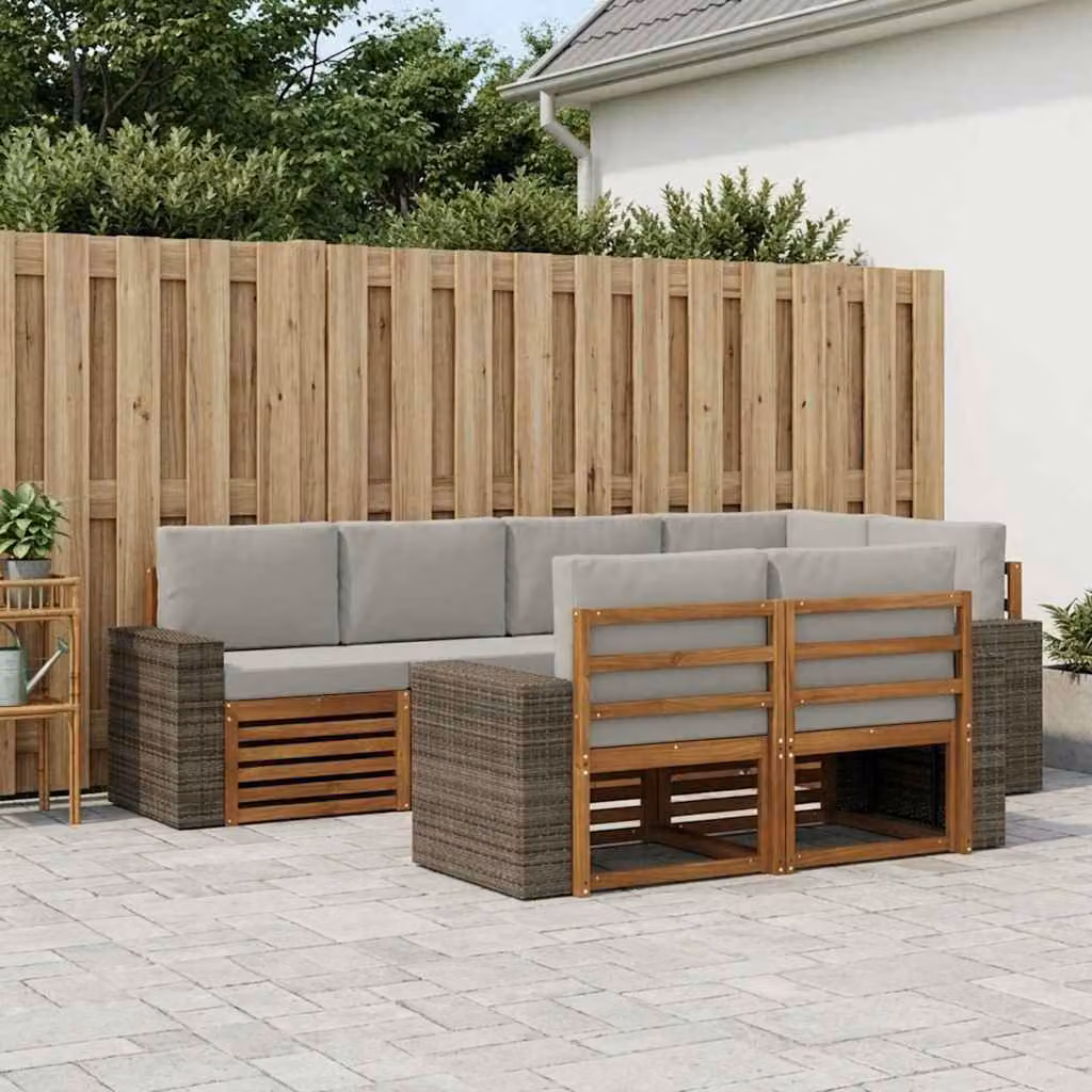 Set di divani da esterno vidaXL 7 pz a forma di L in legno di acacia con cuscini beige e grigio chiaro