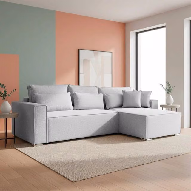 Divano Angolare Emily Grigio con Letto, Contenitore e Penisola Reversibile, Rivestimento in Tessuto e Cuscini Inclusi, L/P/H: 265 x 159 x 89 cm – 1