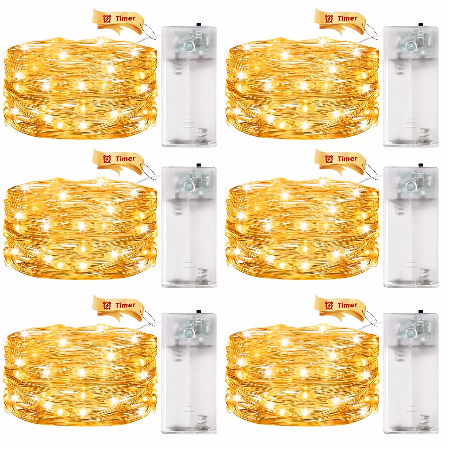 Catena luminosa a LED con timer, 2 metri, 20 LED, luce bianco caldo, confezione da 6 pezzi