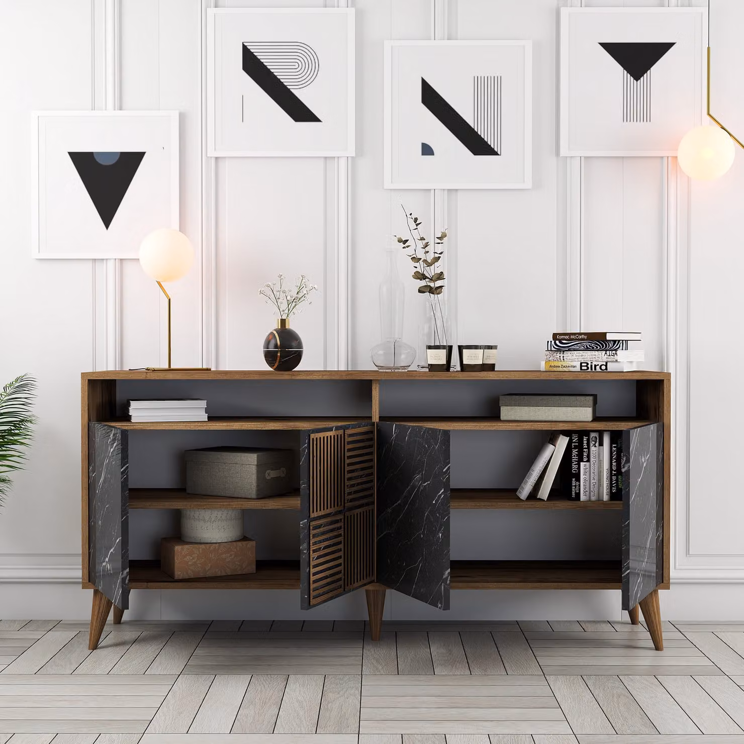 Skye Decor, Milan 160 - Noce, Marmo Nero, Consolle, Noce, 100% PANNELLI DI PARTICELLE RIVESTITI IN MELAMMINA, 160 x 35 x 78 cm