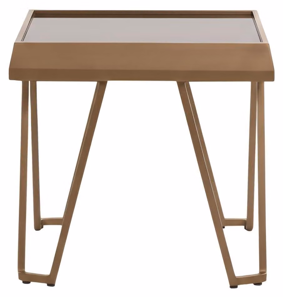 Tavolino dorato con struttura in legno e gambe alte, stile minimalista
