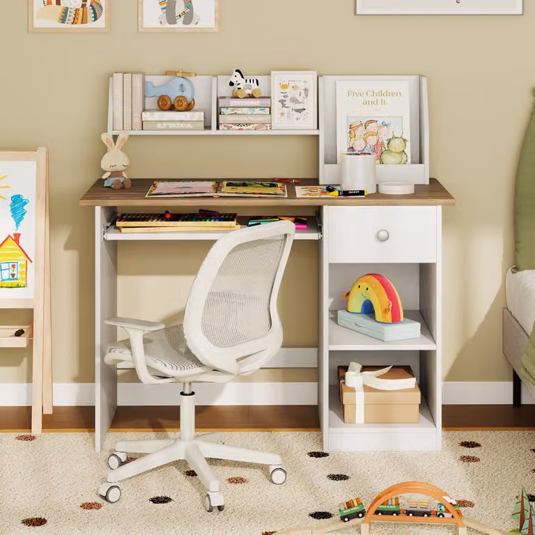 Costway Scrivania per bambini legno con vassoio per tastiera e cassetto, Scrivania per bambini libreria laterale e mensole superiori Legno Naturale