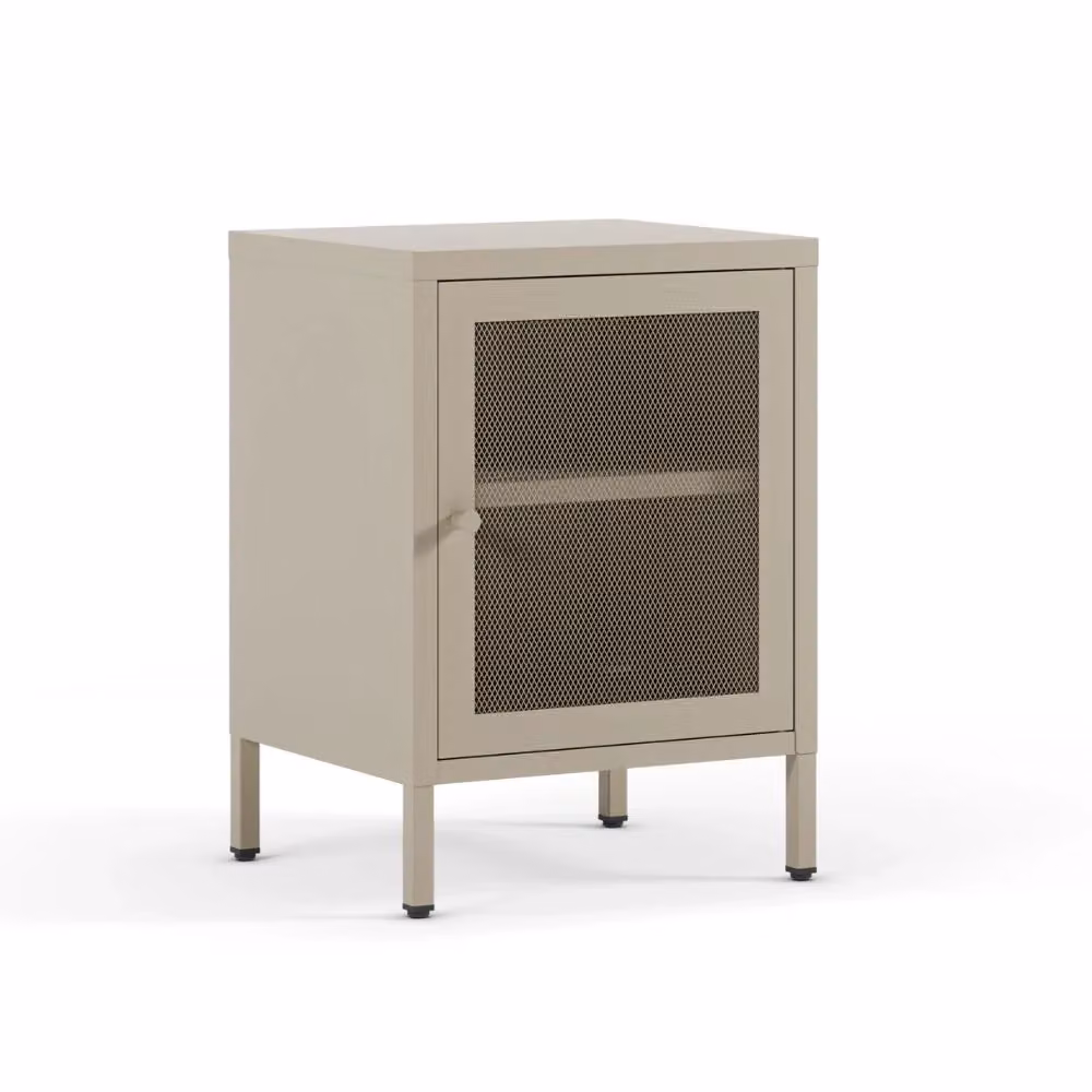 Comodino Fayna Veriaffari in metallo color sabbia con design industriale e anta reticolata L: 40 cm, P: 35 cm, H: 60 cm – 2
