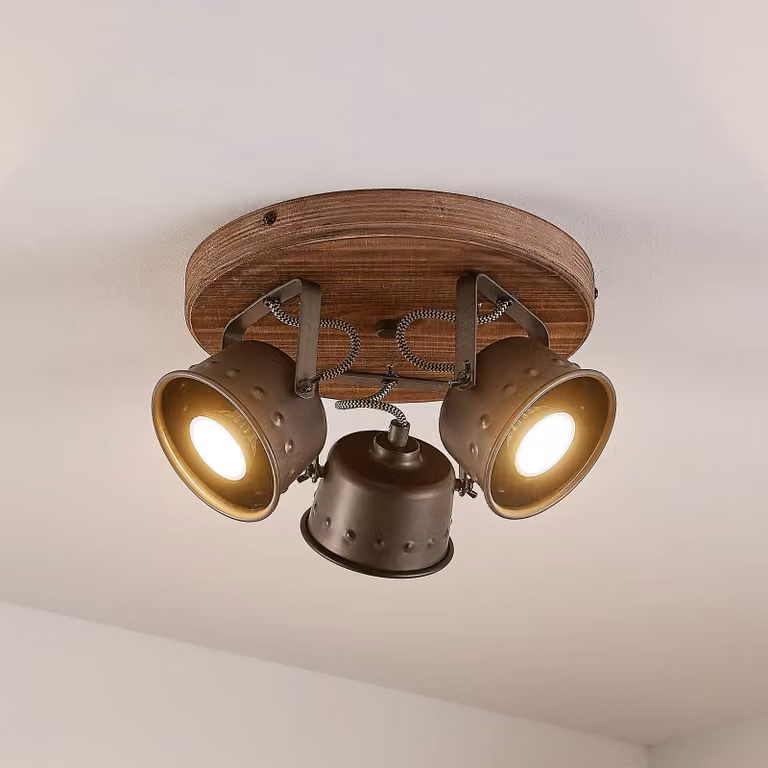 Faretto da soffitto Lindby Rubinjo, Ø 31 cm, a 3 luci, in legno, GU10 Rubinjo Lindby, dimmerabile, Legno scuro, Soggiorno / Sala da pranzo, Metallo, Vintage, Faretto alogeno