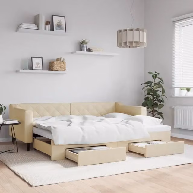 Divano Letto Estraibile con Cassetti-Sofa Letto-Daybed Crema 80x200 cm in Tessuto 833817