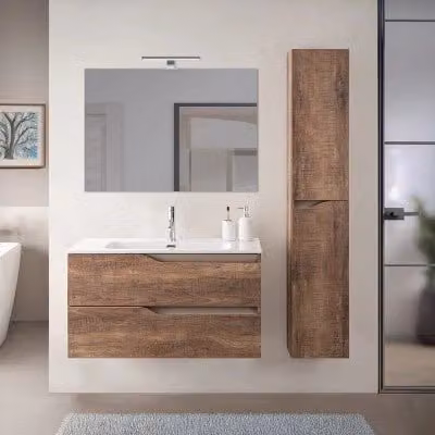 Mobile bagno sospeso Sumya con lavabo e pensile, colore tabacco e tortora, L: 100 cm