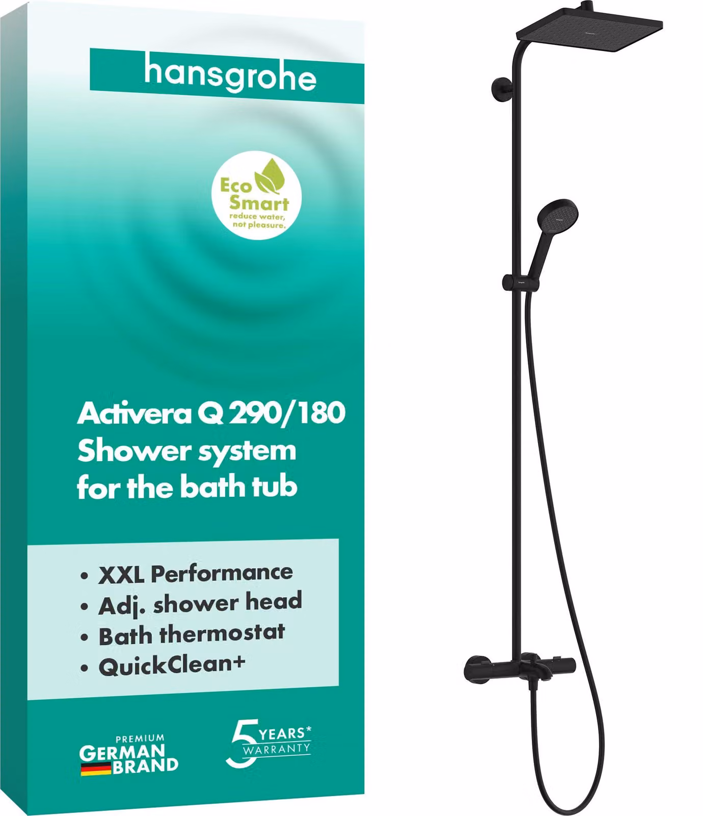 Sistema doccia con termostato, doccia a pioggia 290x180 mm, finitura nero opaco