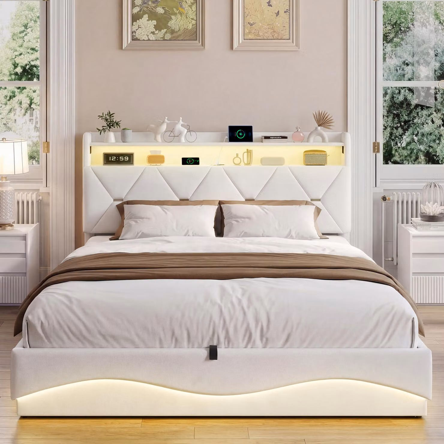 Letto imbottito ProximaX 140x200 cm beige con illuminazione a LED e porta USB-C – Vano portaoggetti idraulico, tessuto in velluto, struttura letto con testiera