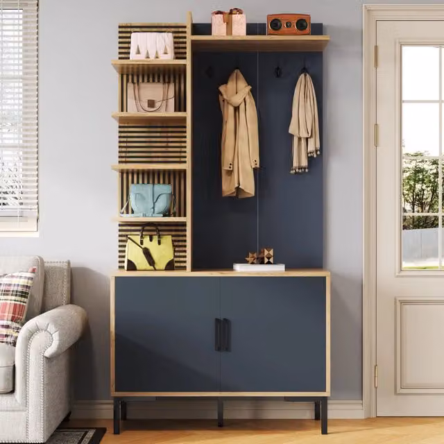 Mobile da ingresso con 4 ripiani laterali, ganci e ripiano regolabile, naturale e nero, 100 × 40 × 190.5 cm
