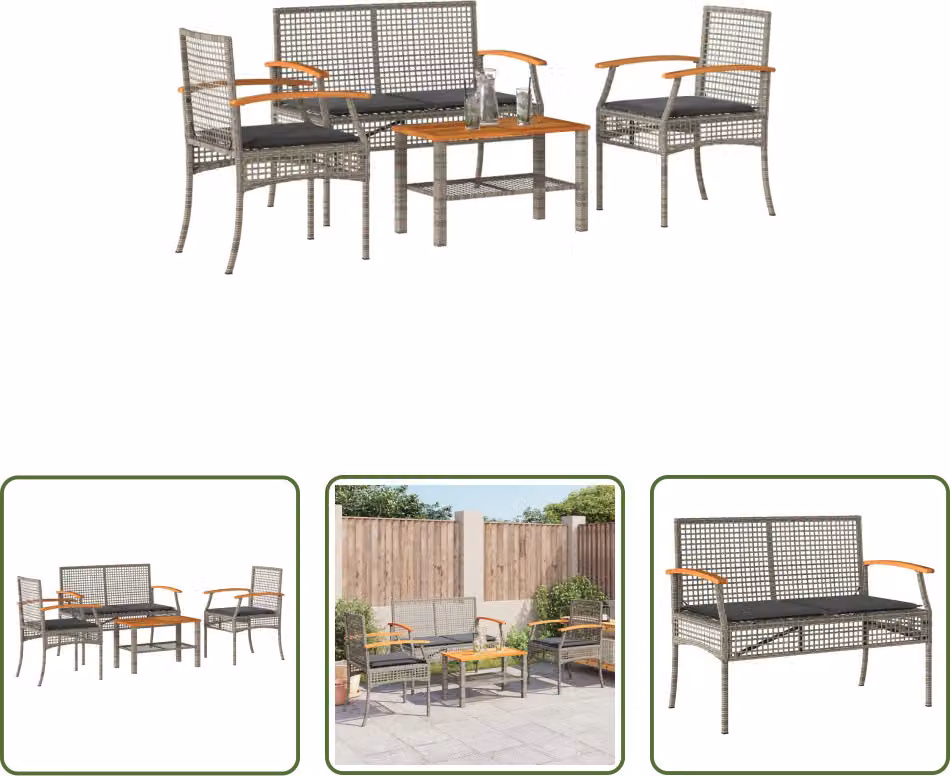 The Living Store Set salotto da giardino 4 pezzi con cuscini in poly rattan grigio