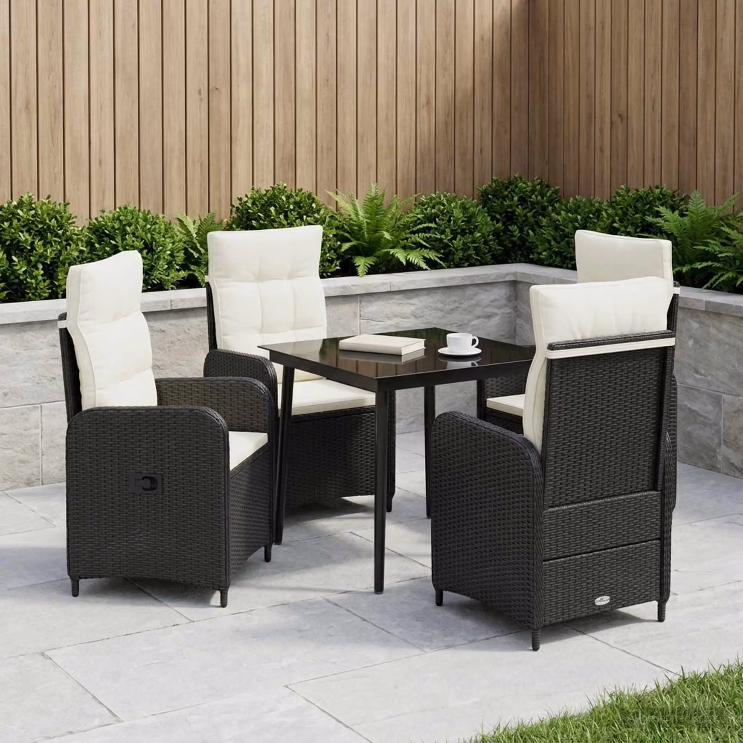 Set Tavolo da Salotto vidaXL 5 Pezzi Moderno in Metallo e Rattan Nero e Bianco per Giardino e Terrazzo
